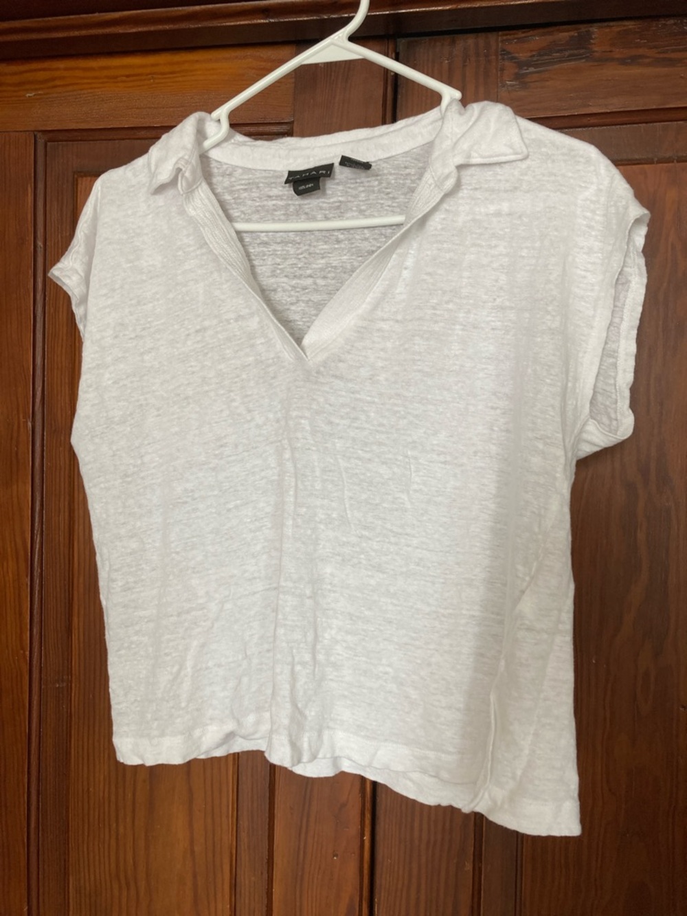 Tahari White Short-Sleeve Button Down Linen Collared V-neck Top Size L